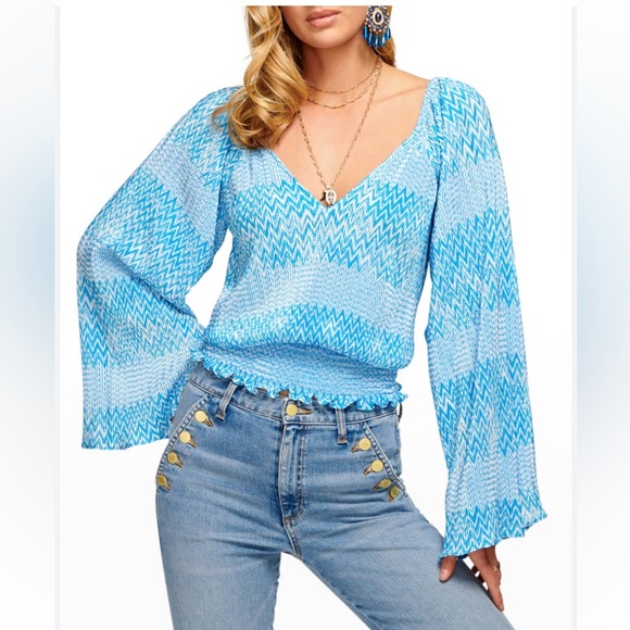 Ramy Brook Tops - Ramy Brook Blue Chevron V Neck Bell Sleeve Stella Blouse Top Sz. XS
